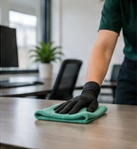 Office desk being wiped with a microfiber cloth
