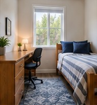 Tidy student bedroom with a desk